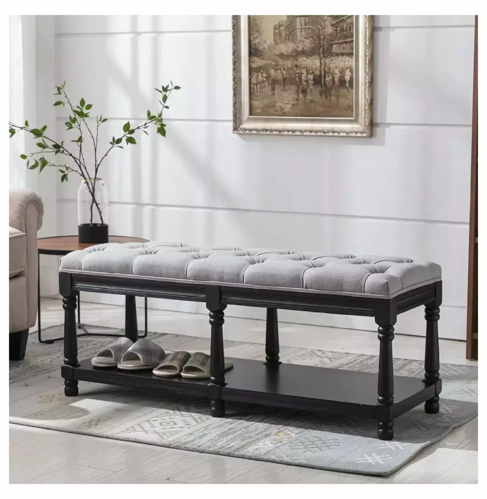Drevy Century Tufted Storage Bench with Shelf in Linen Upholstery and Black Wood Frame