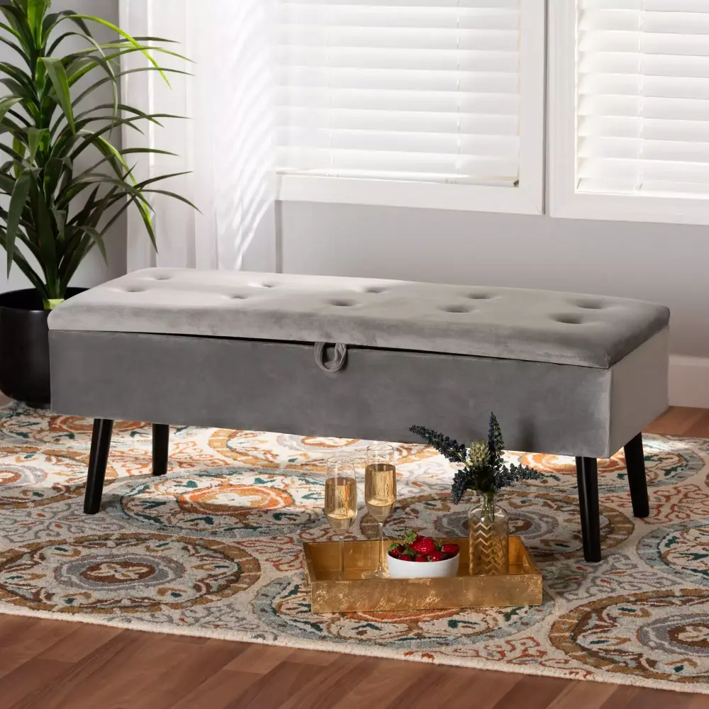 Baxton Studio Caine Upholstered & Tufted Bench in Grey for Living Room