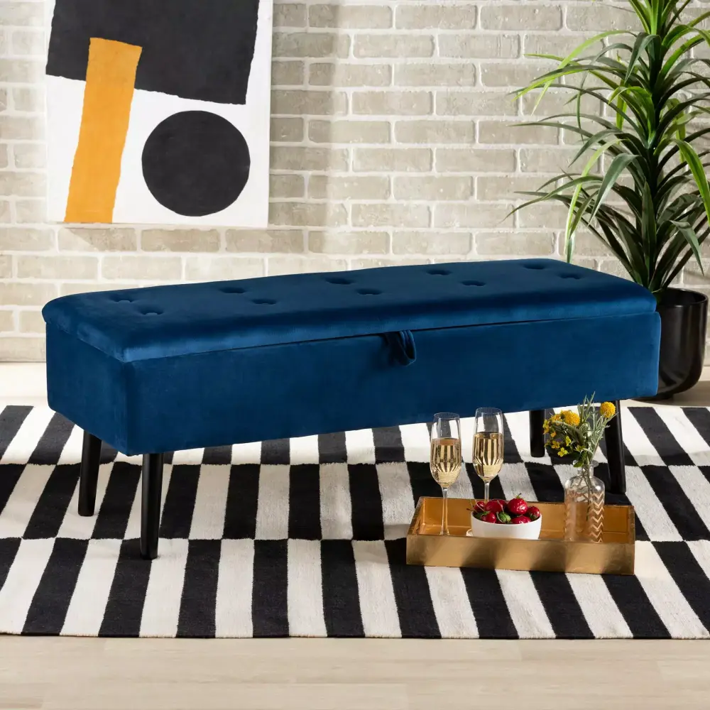 Baxton Studio Caine Upholstered Tufted Bench in Navy Blue for Modern Decor