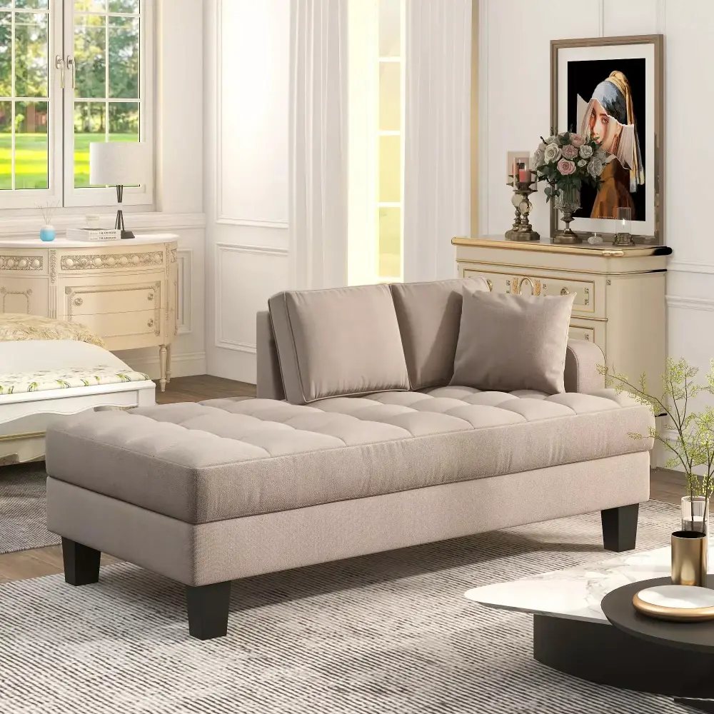 64 Deep Tufted Upholstered Textured Fabric Chaise Lounge with Toss Pillow Warm Grey