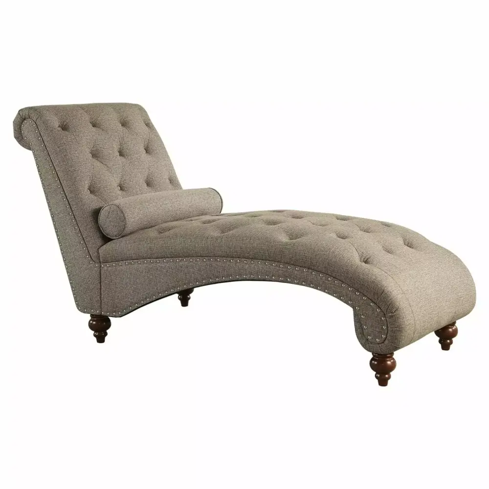 Benjara Amey 69 Inch Chaise Lounger with Solid Wood Frame and Rolled Button Tufted Gray Fabric