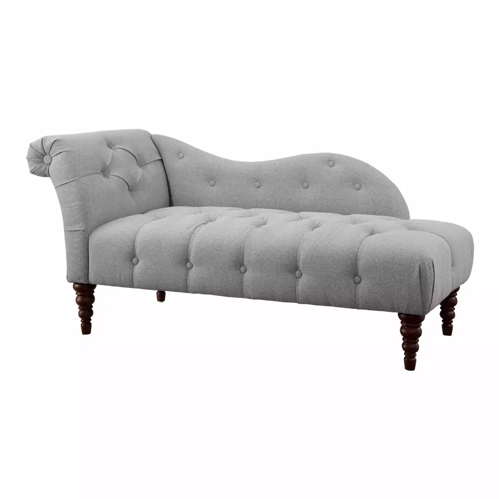 Modern Traditional Chaise with Button Tufted Detail in Dove Gray Upholstery Espresso Finish Legs for Living Room