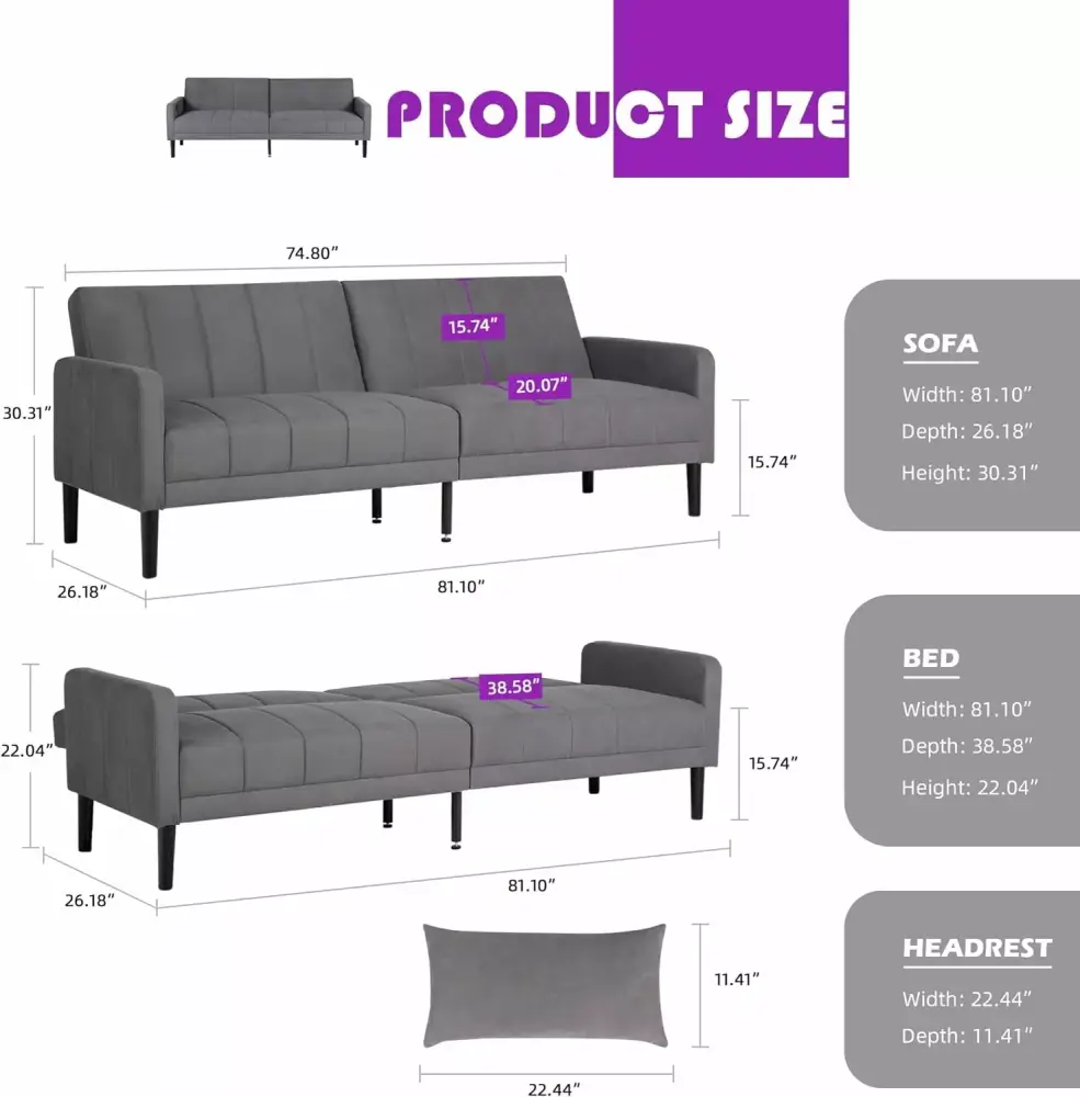 LAZZO 82 Sofas Bed Couch Modern Upholstered Tufted Futon Sofa Bed with USB and 2 Pillows Gray