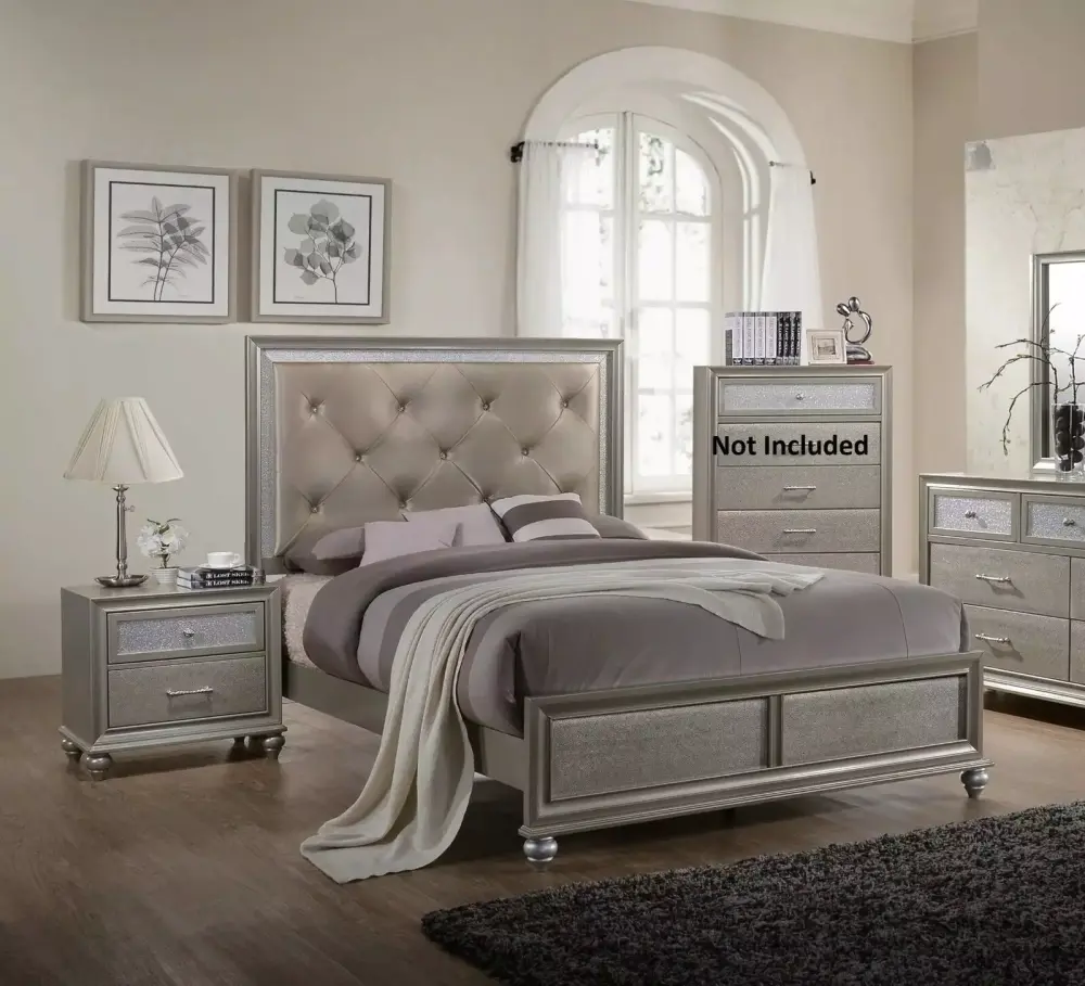 Modern Champagne Faux Diamond Button Tufted HB Finish 3pc King Size Bedroom Set Bed and Nightstands