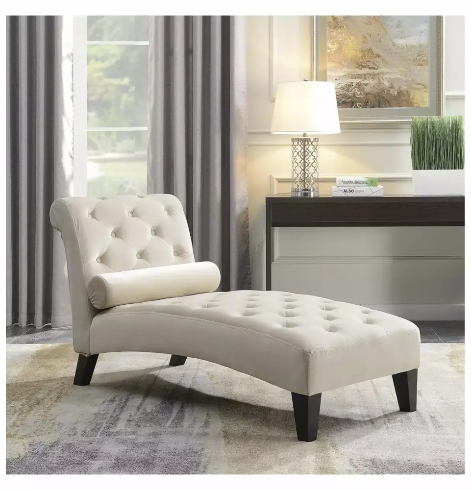 Superwum Modern Chaise Lounge Chair Indoor - Upholstered Couch with Button Tufted Back Seat and Matching Accent Pillow - Beige