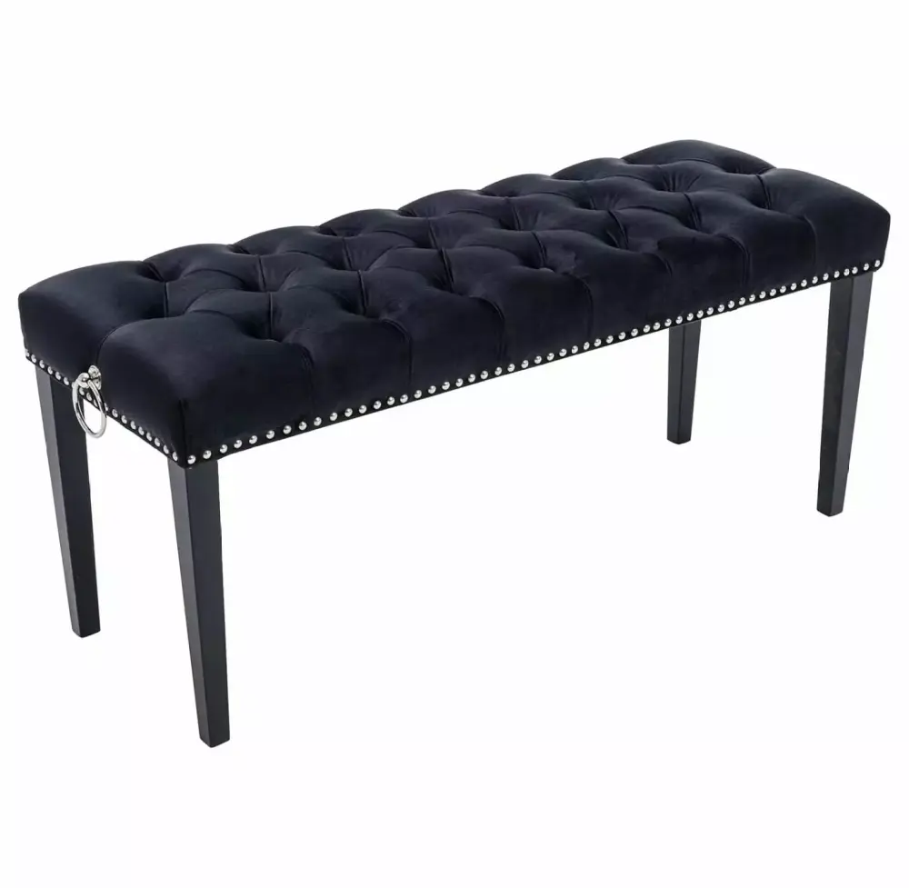 Drevy Tufted Ottoman Bench with Ring Pull - Velvet Dining Bench Entryway Footrest Stool Black