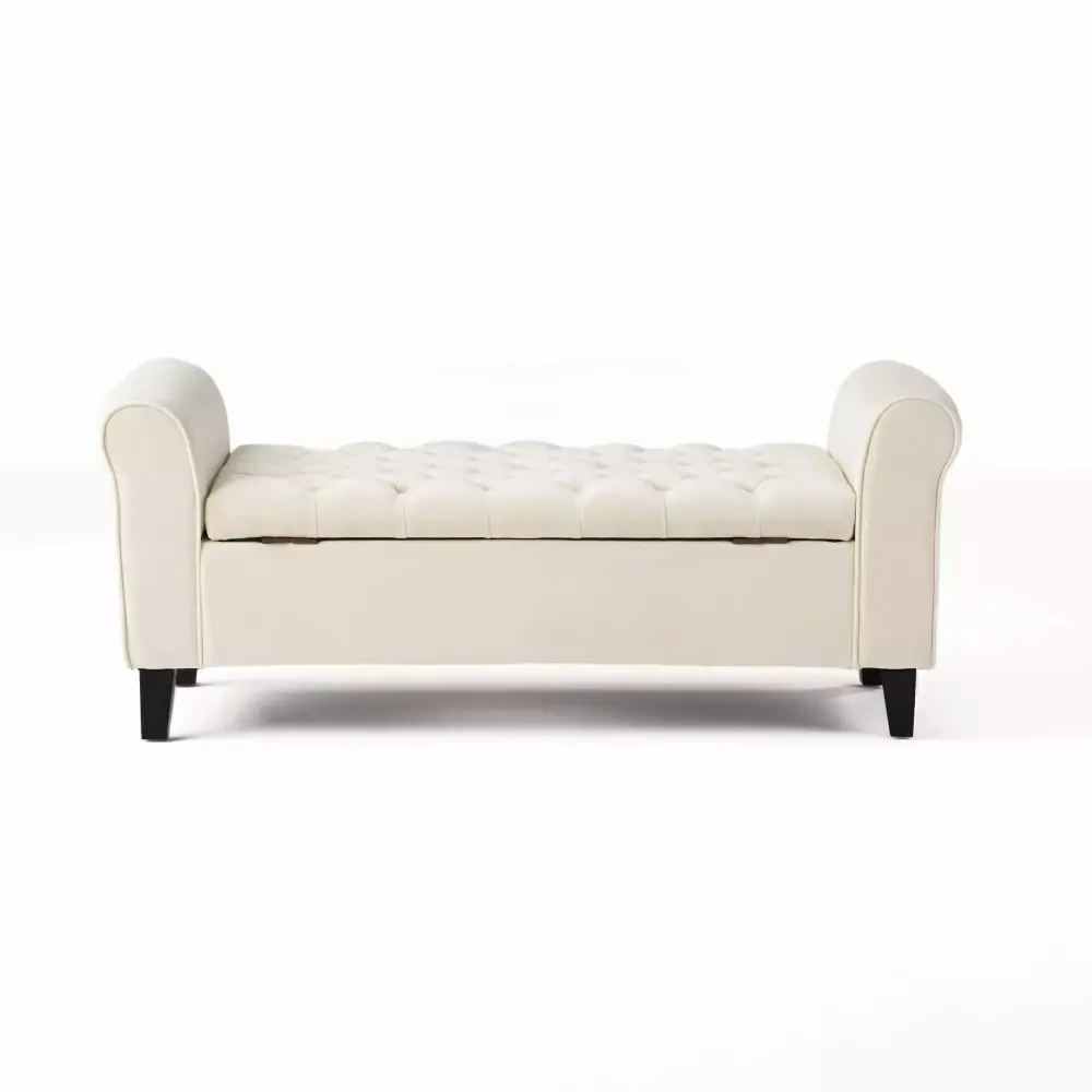 GDF Studio Emmaline Contemporary Tufted Storage Ottoman Bench in Ivory Velvet and Dark Brown