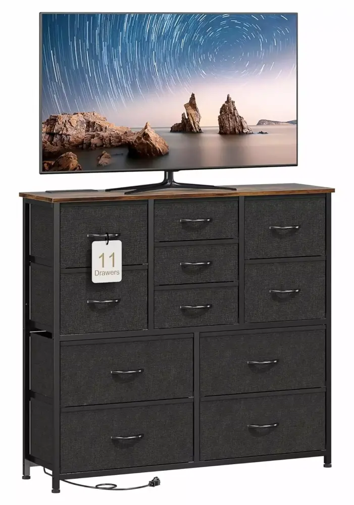 Alieon Black Dresser TV Stand with Fabric Drawers and Power Outlet
