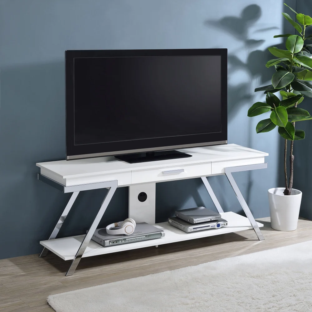 Marcia 60 Inch White High Gloss and Chrome TV Stand with 1 Drawer