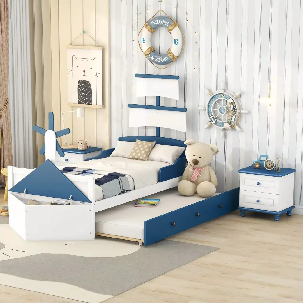 3-Piece Twin Size Boat-Shaped Platform Bedroom Set with Trundle and Nightstands in White and Blue