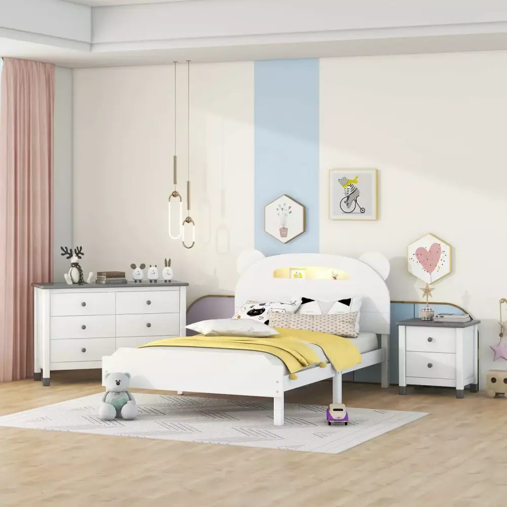 Twin Size Bear-Shape Platform Bedroom Set in White and Gray with Nightstand and Dresser