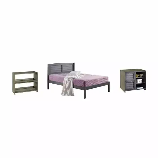 Donco Kids Twin Size 3-Piece Bed Set with 2 Drawer Chest and Bookcase in Antique Gray
