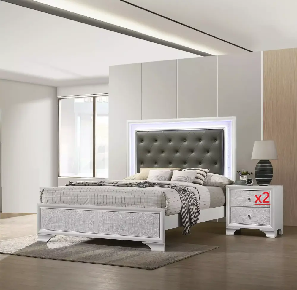 3pc Modern Black Bedroom Set Twin Size Bed with 2 Nightstands and LED HB Solid Wood