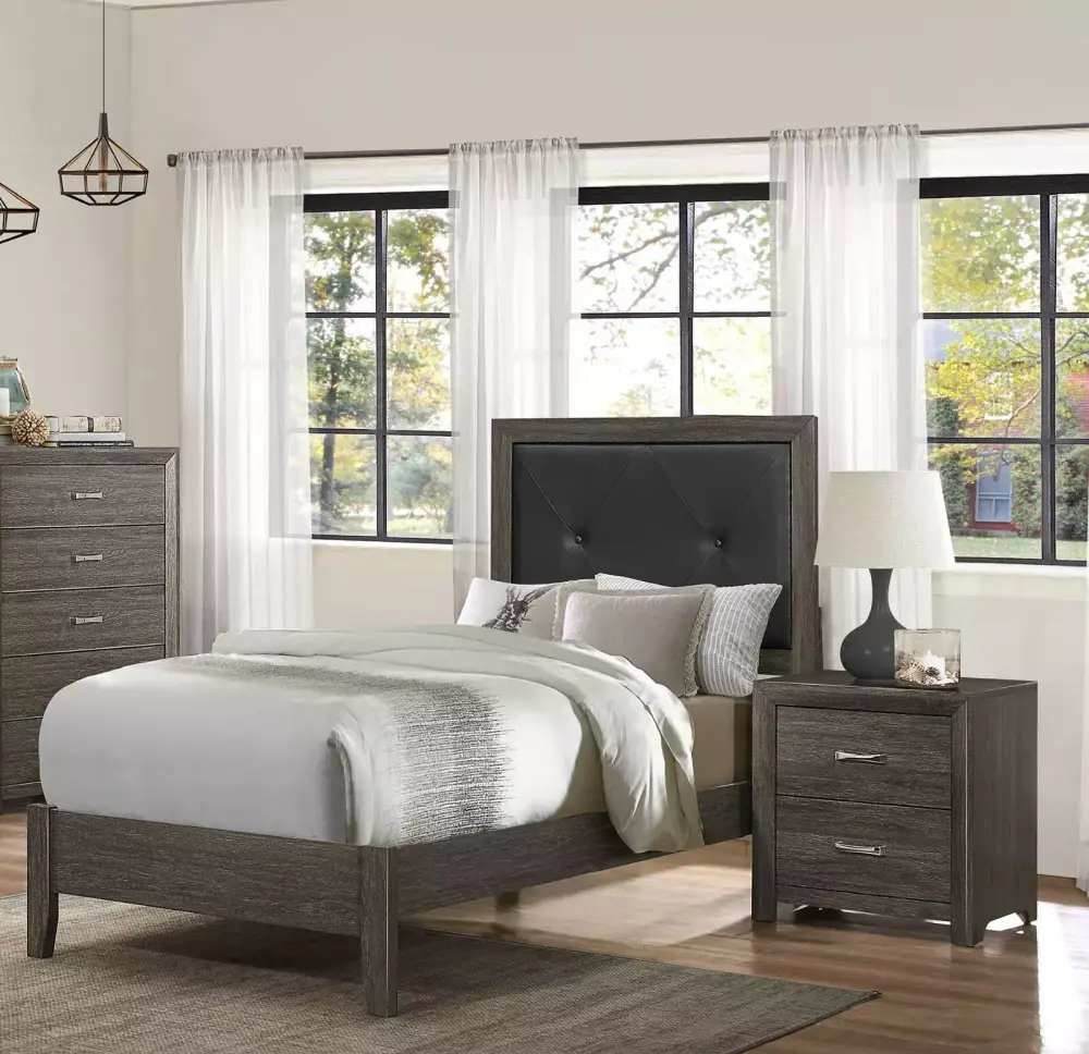 Contemporary 3pc Twin Bed and 2 Nightstands Set in Dark Gray Finish