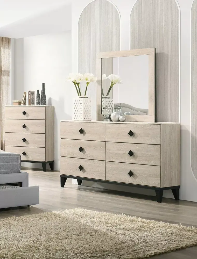 Transitional Light Gray Twin Size Bedroom Set with Dresser Mirror and Nightstand