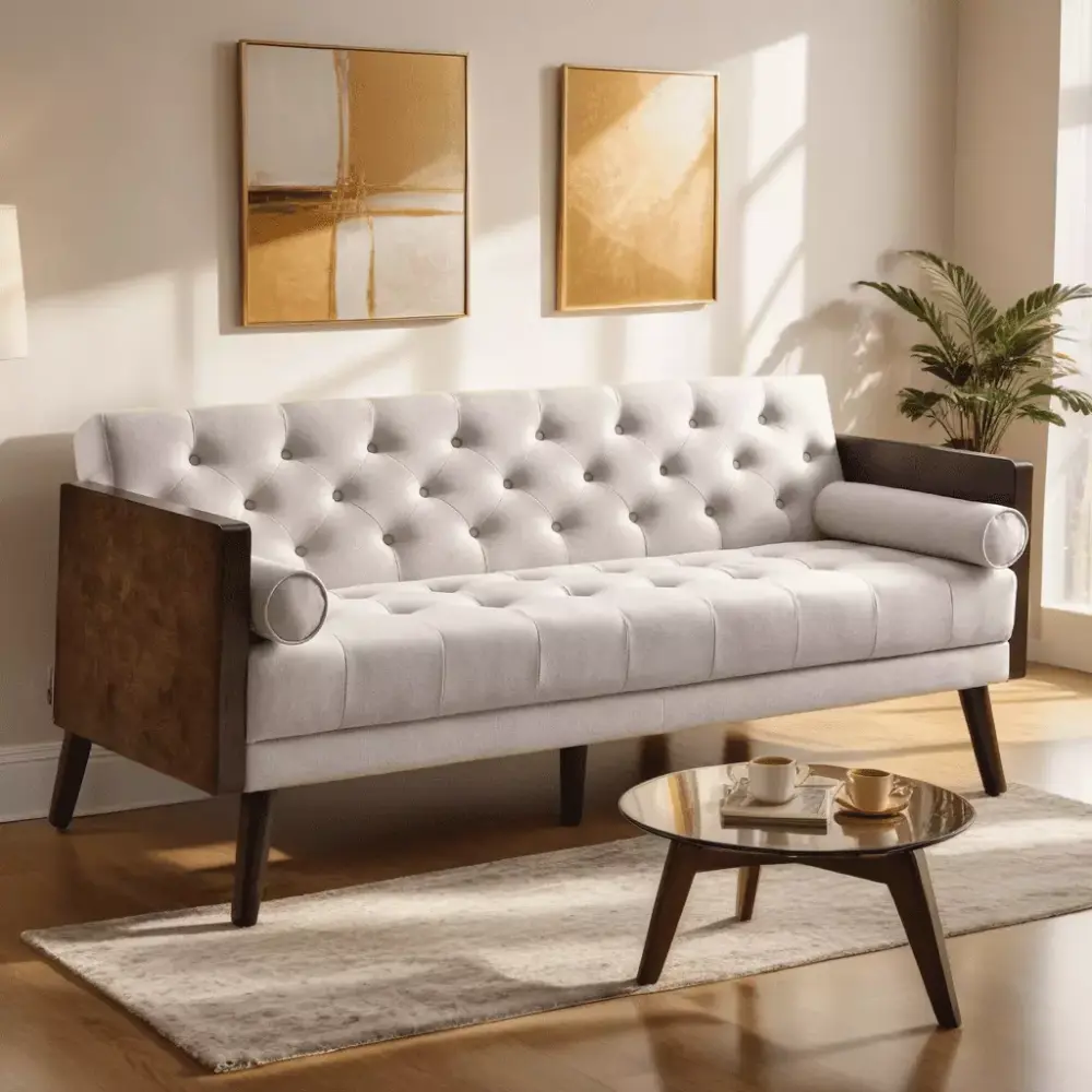 Ebello 70 Wide Adult Solid Color Solid Wood Frame Twin Tufted Futon Sofa Couch with Accent Pillow in Beige