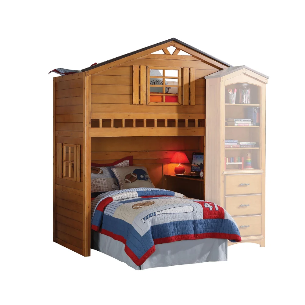 Tree House Rustic Oak Loft Bed Twin Size with Ladder and Guardrail