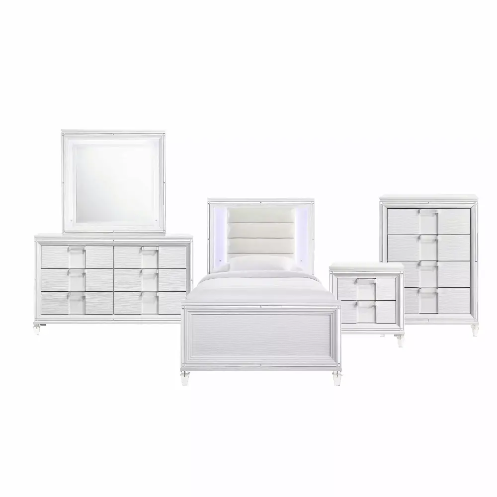 Picket Houtilize Furnishings Charlotte Youth Twin Platform 5PC Bedroom Set in White with Dresser and Nightstand