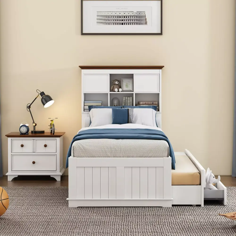 2 Piece White and Walnut Wooden Twin Captain Bedroom Set with Trundle and Nightstand