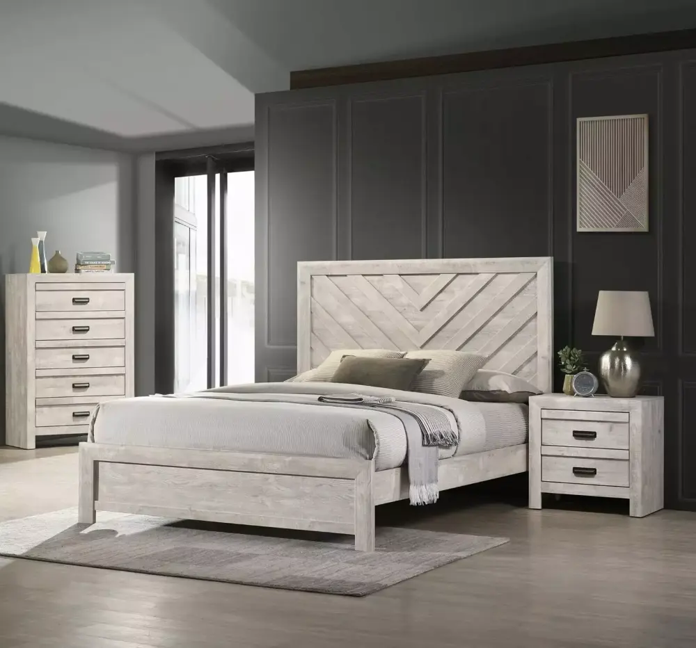 3-Piece Rustic Beige Twin Bedroom Set with Geometric Headboard Chest and Nightstand