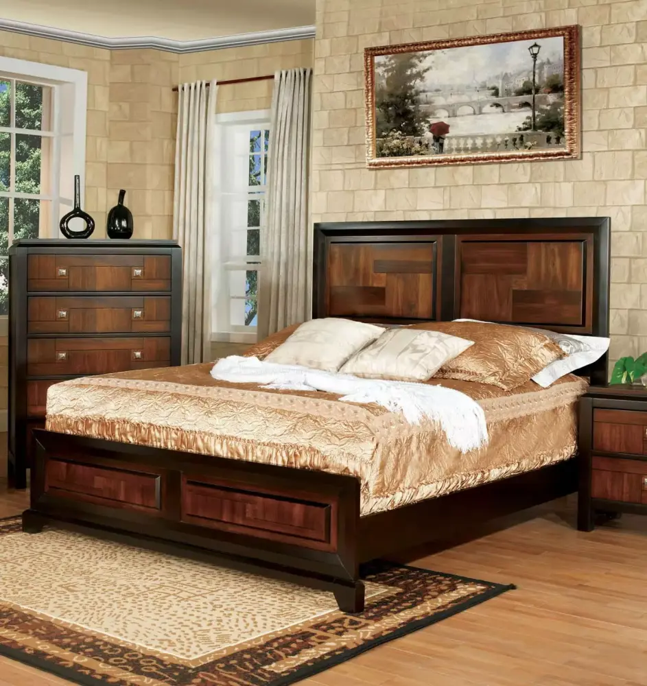 6pc Bedroom Furniture Set Full Size Bed Dresser Mirror 2x Nightstands Chest Gorgeous Two Tone Walnut Solid wood Acacia