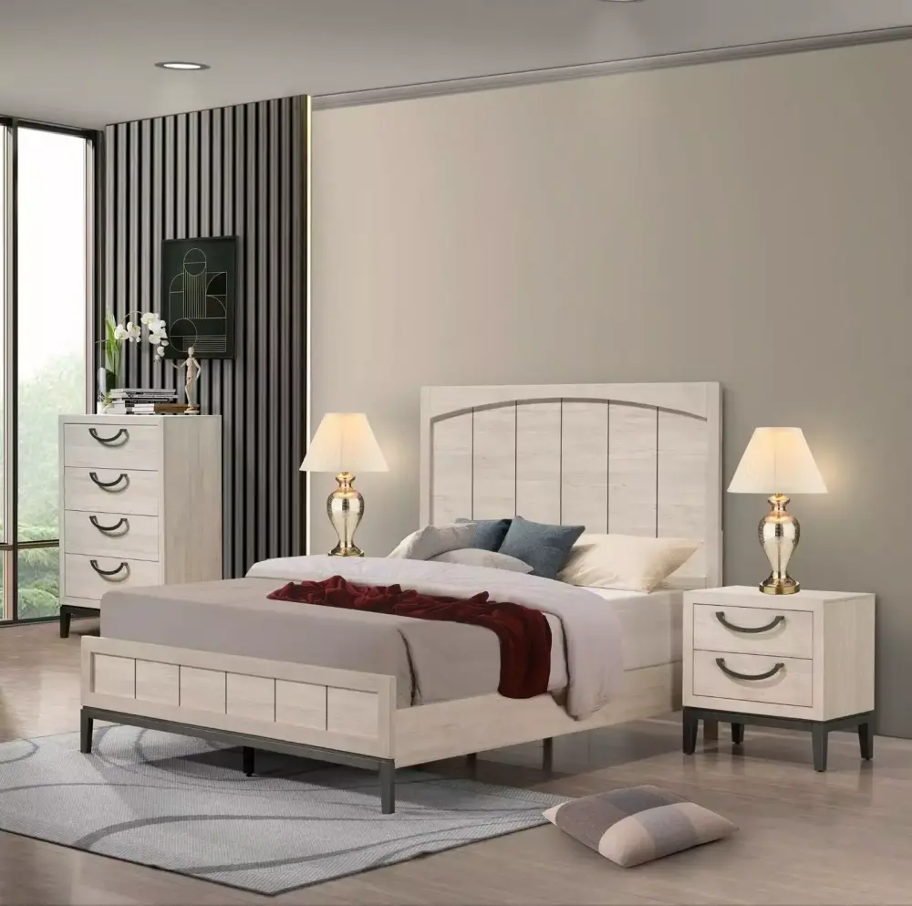 3Pc One-of-a-Kind King Size Bedroom Set in Beige Finish - Solid Wood Unique Design