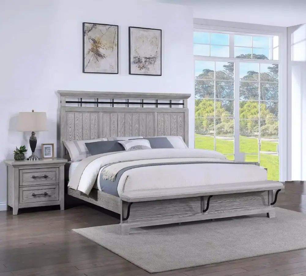One-of-a-kind 3pc Light Gray Finish Queen Size Panel Built-in Bench Bed Nightstand Bedroom Set Solid Wood