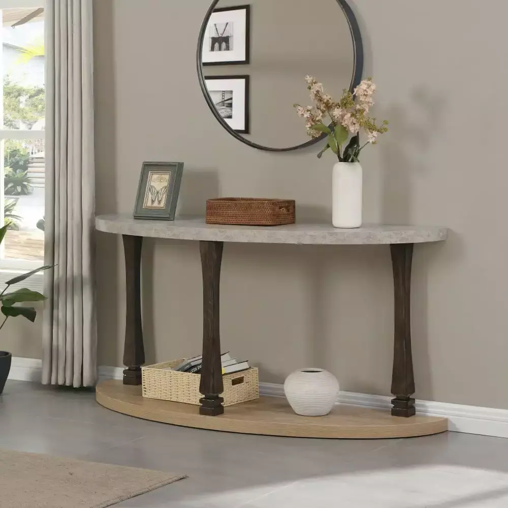 MIDODO 60 Inch Half Moon Console Table - 2-Tier Semi Circle Wood Sofa Table with Geometric Base Rustic Brown