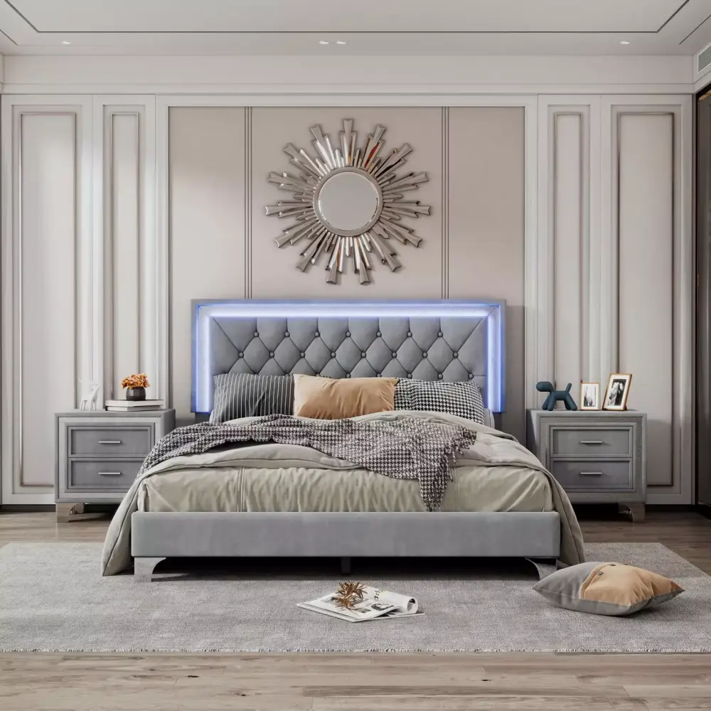 3-Piece Queen Size Velvet Upholstered Bed Set with LED Lights and Nightstands
