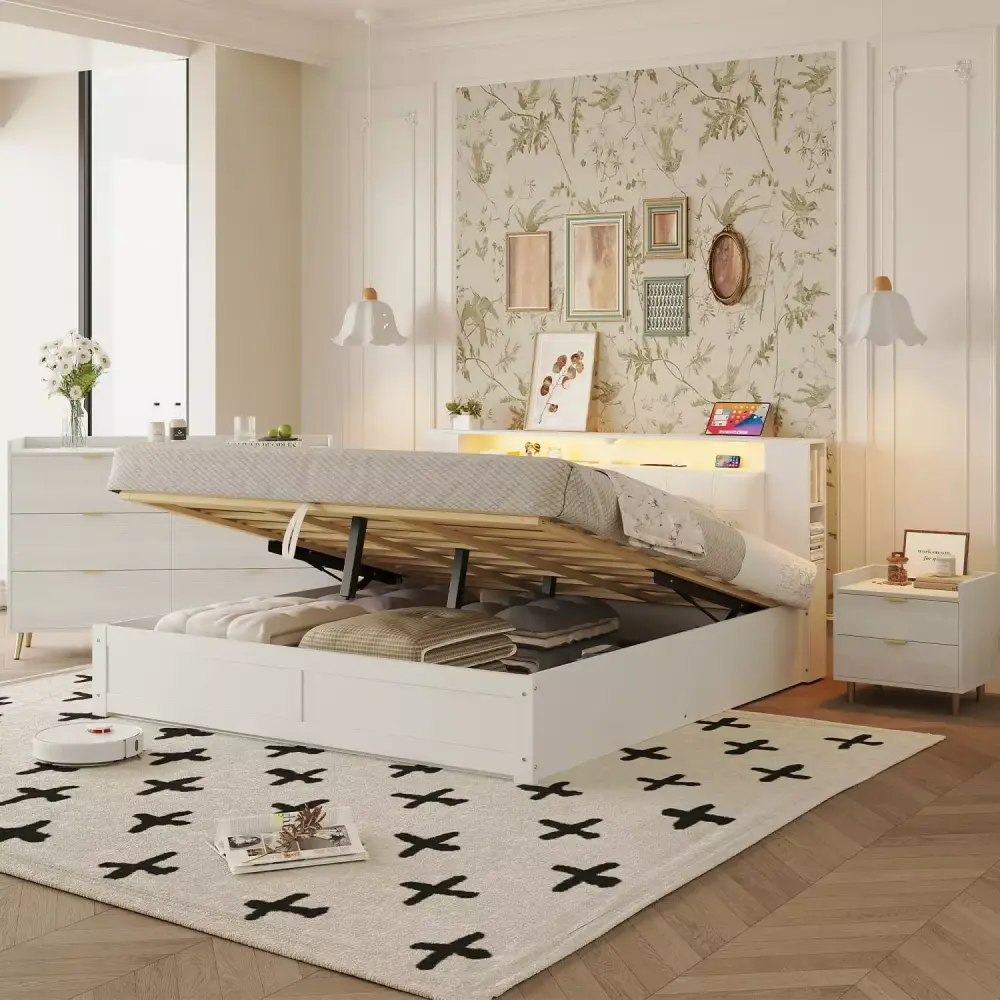 Miekor Furniture 3-Piece Queen Size Tufted Upholstered Platform Bed Set in White with Motion Lights and USB Charger