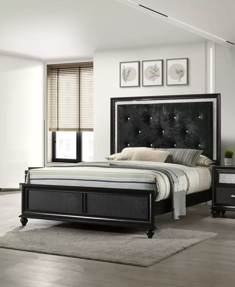 Modern 6-Piece Full Size Bedroom Set Black Finish Upholstered Panel Bed Dresser Mirror Nightstand Chest