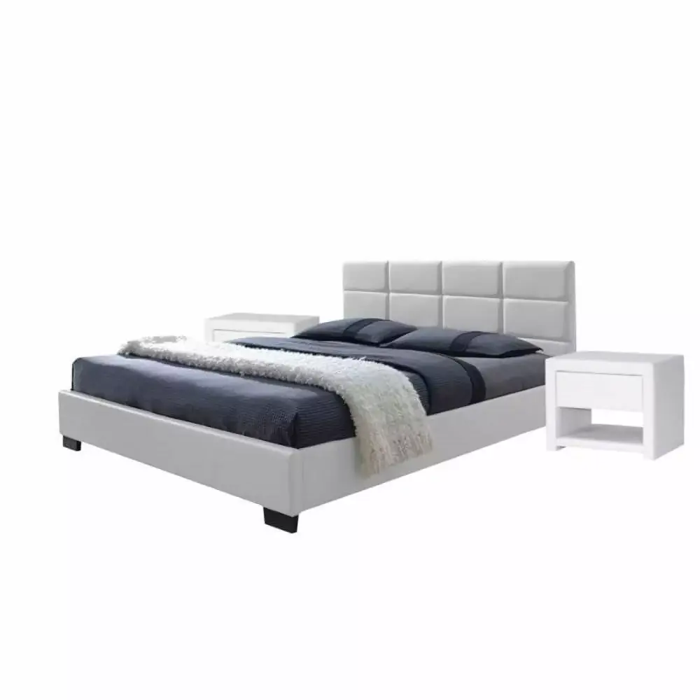 3 Piece Bedroom Set with Upholstered Full Platform Bed and Set of 2 Nightstand in White