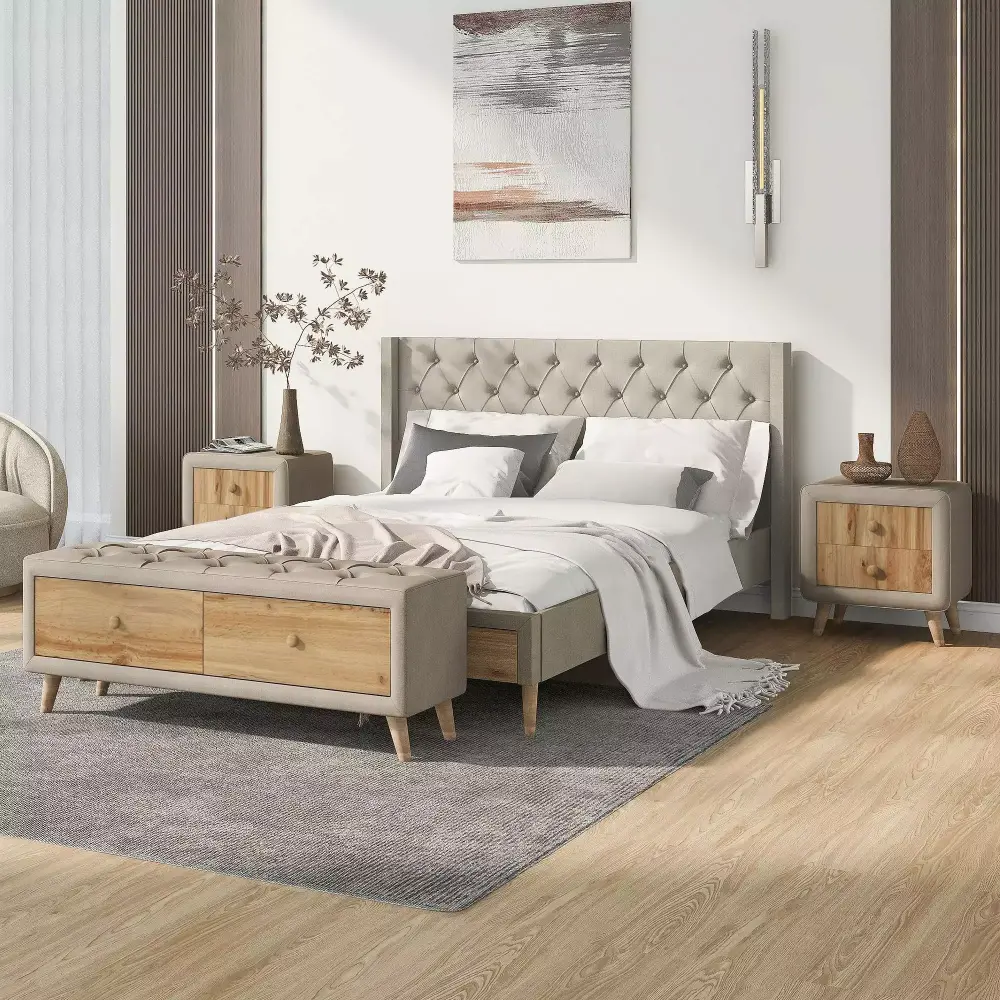 BaytoCare 4-Piece Queen Upholstered Bedroom Set with Platform Bed Nightstands and Storage Bench in Beige