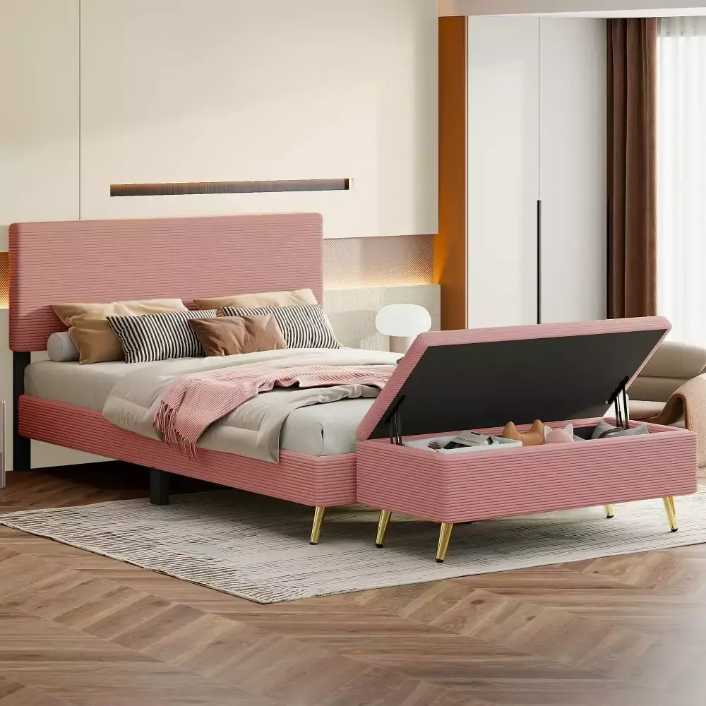 2 Pieces Bedroom Sets Queen Size Upholstered Bed Frame Modern Corduroy Storage Ottoman Pink