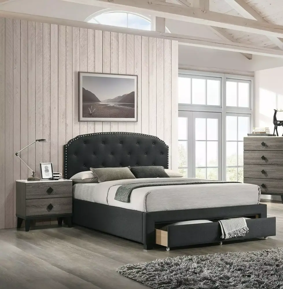Bedroom Furniture 3pc Set Full Size Bed w Drawer FB 2x Nightstands Charcoal Burlap Upholstered Tufted HB