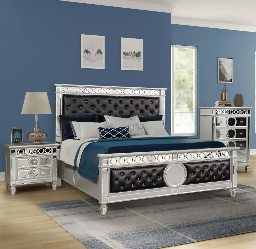 3pc Silver Finish King Size Black Velvet Upholstery Bed Chest Nightstand Bedroom Furniture Set