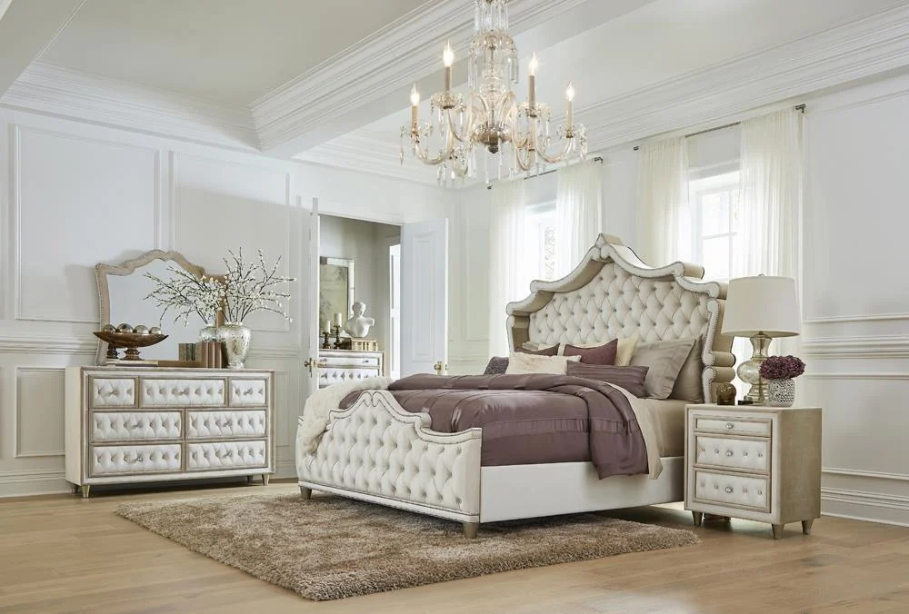 Antonella Upholstered Tufted Eastern King Bed in Ivory and Camel