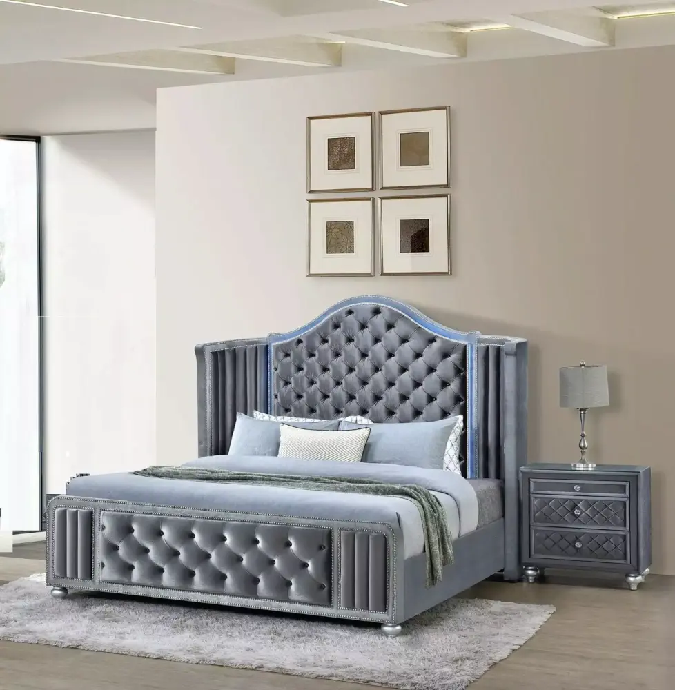 3pc King Size Bed Nightstand Set LED Wing Back Headboard Bedroom Furniture Gray Upholstery
