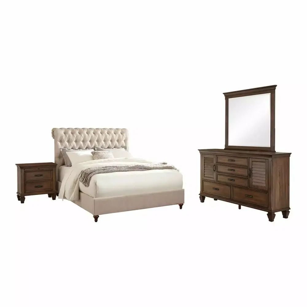 Devon 4-piece Upholstered Eastern King Bedroom Set Beige and Burnished Oak