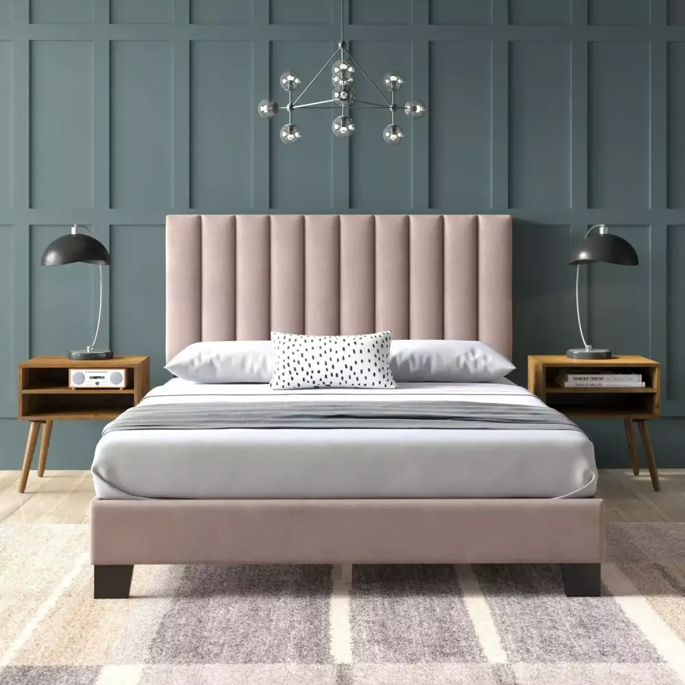 Picket Houtilize Furnishings Colbie Upholstered Queen Platform Bed with Nightstands in Blush