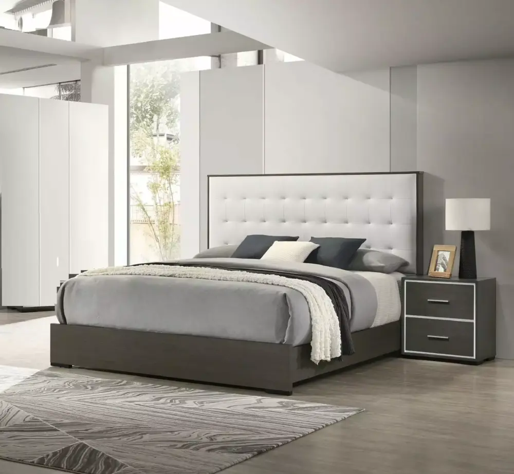 Contemporary Brown Queen Size 3pc Upholstered Bed Set with Gray Headboard and Nightstand