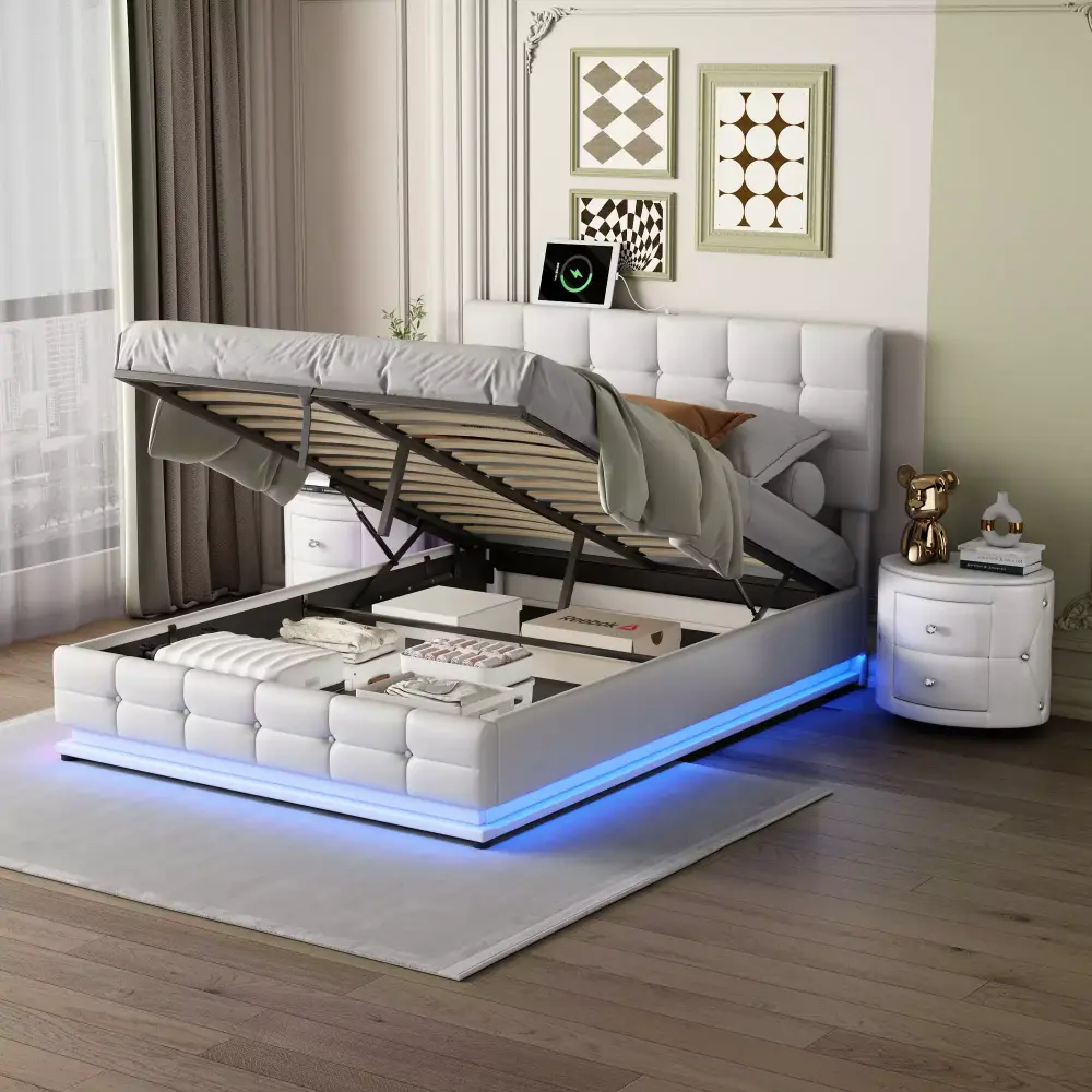 Homiyad 3-Piece Queen Bedroom Set with LED Lights Hydraulic Storage and USB Charging Station