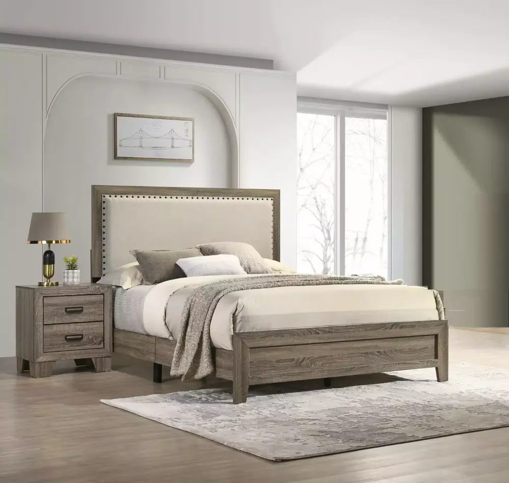 Beautiful Gray Finish 3Pc Twin Size Upholstered Headboard Panel Bed with 2 Nightstands