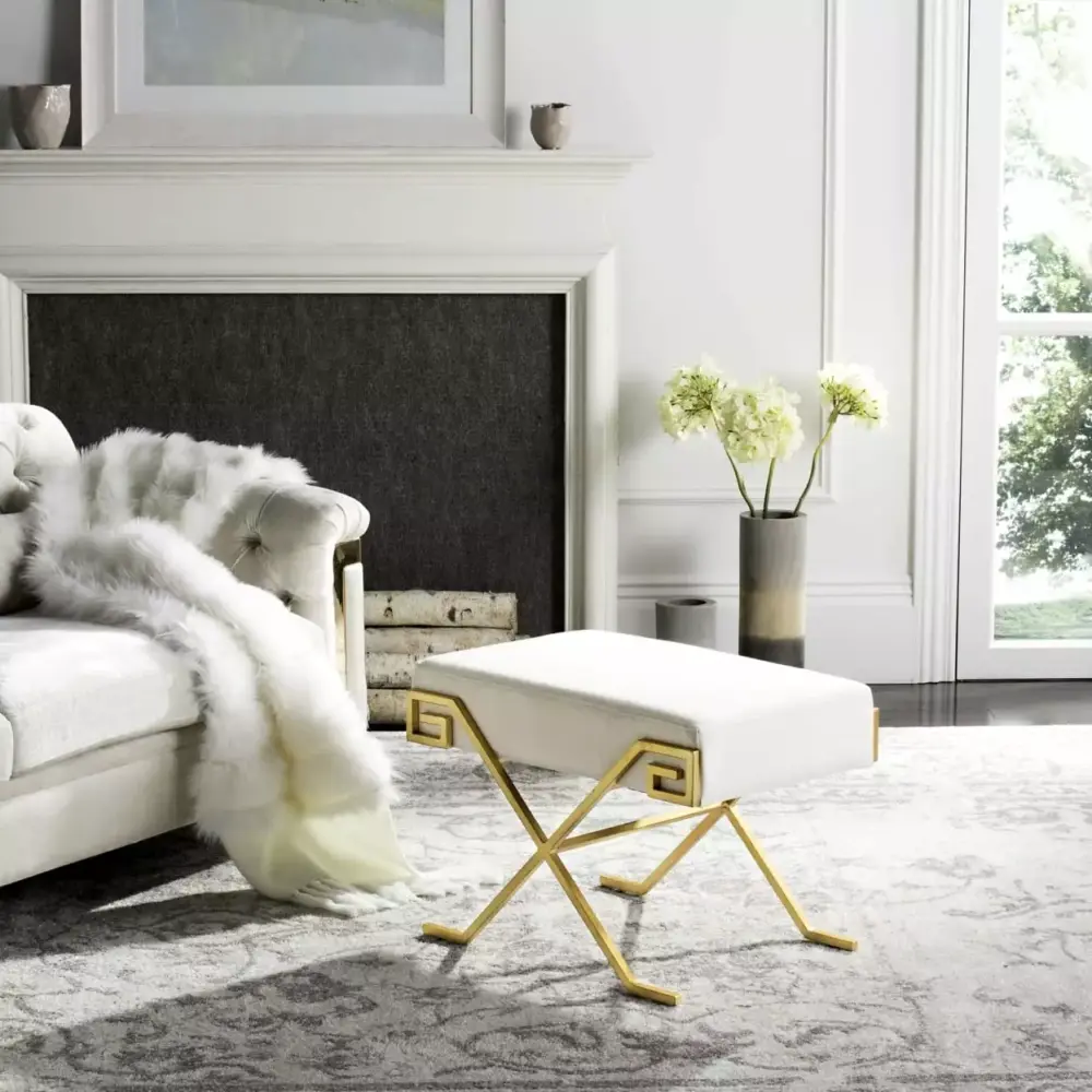 SAFAVIEH Luna Modern Greek Key Bench Light Beige Gold Upholstered Accent Bench
