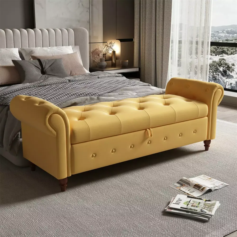 63 Inch Yellow Fabric Upholstered Bed End Bench with Storage Cabinet and Rolled Armrest - Button Tufted Sofa Chair