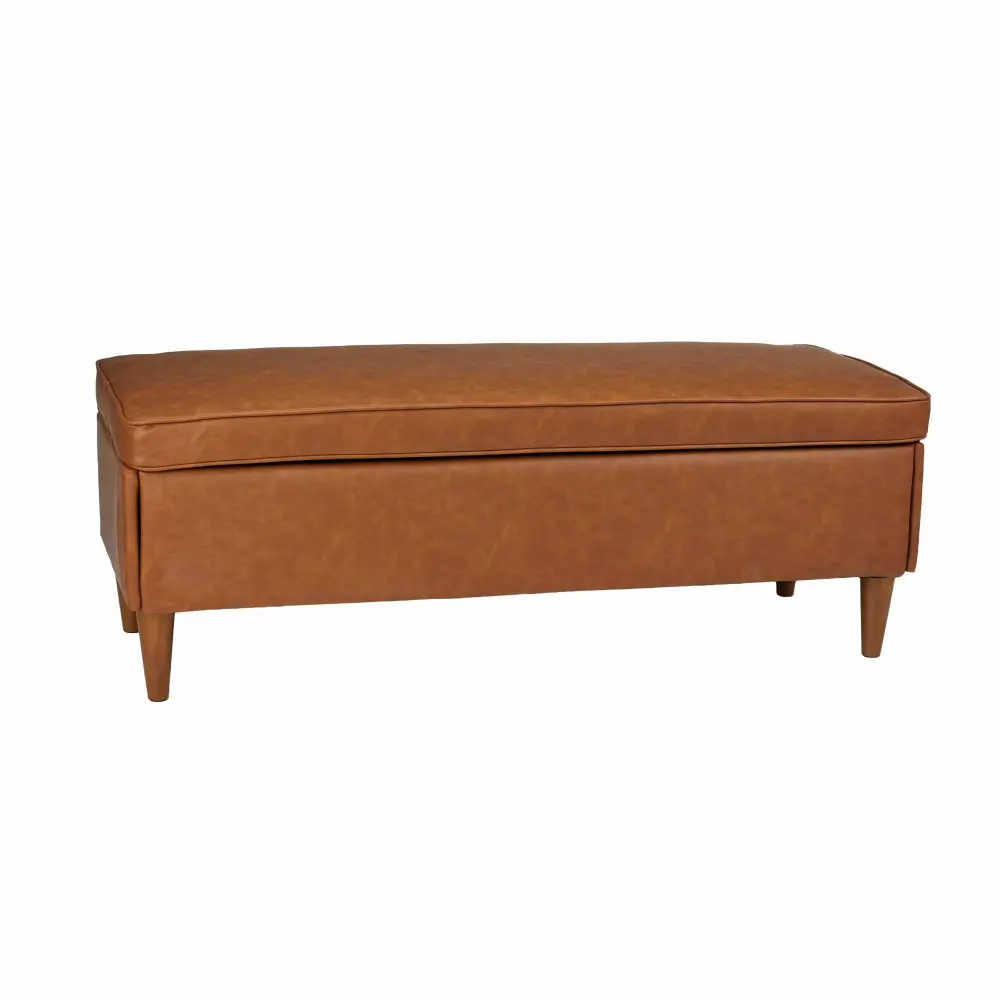 Creative Co-Op Atley Upholstered Modern Bench with Storage and Solid Wood Legs - Cognac Vegan Leather