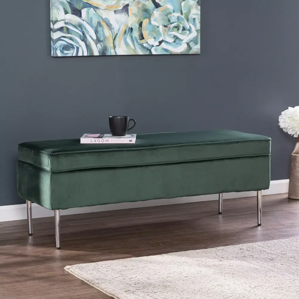 SEI Aspani Green Upholstered Storage Bench with Silver Finish