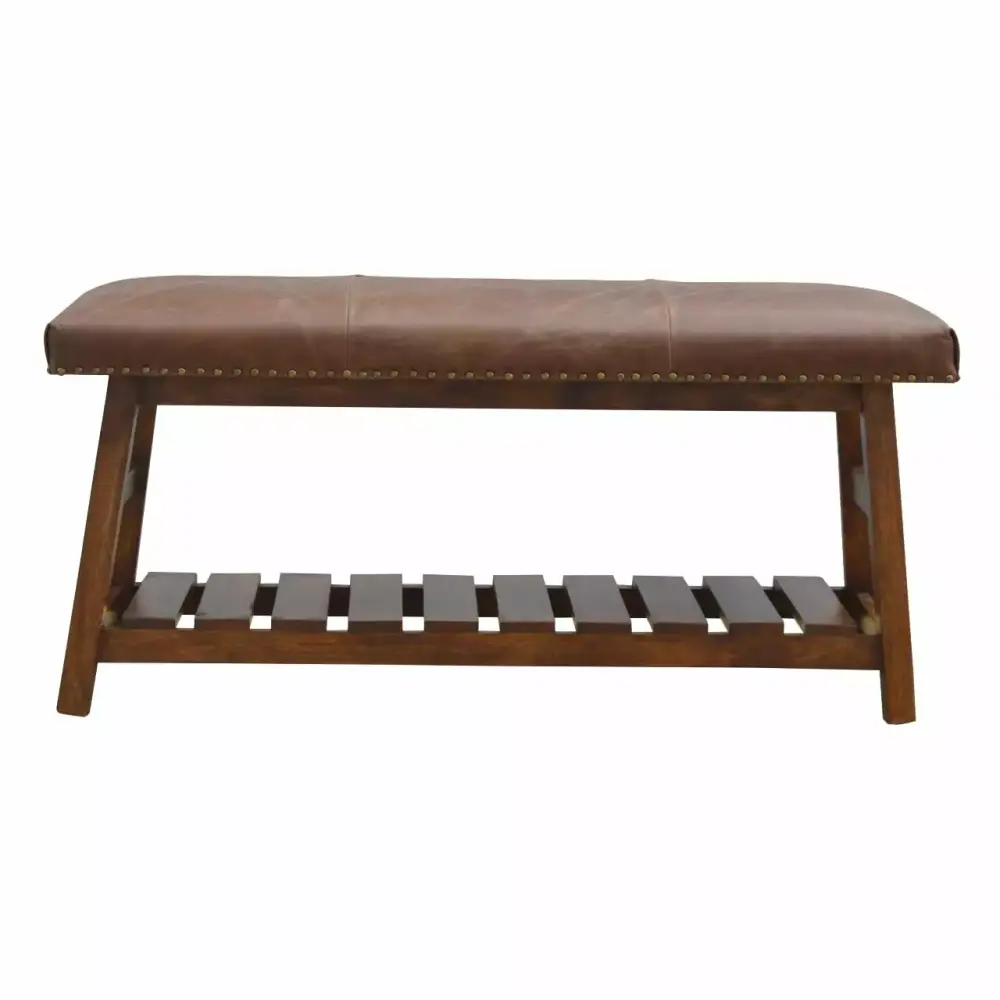 Artisan Furniture Solid Wood Upholstered Buffalo Hide Hallway Bench for Entryway