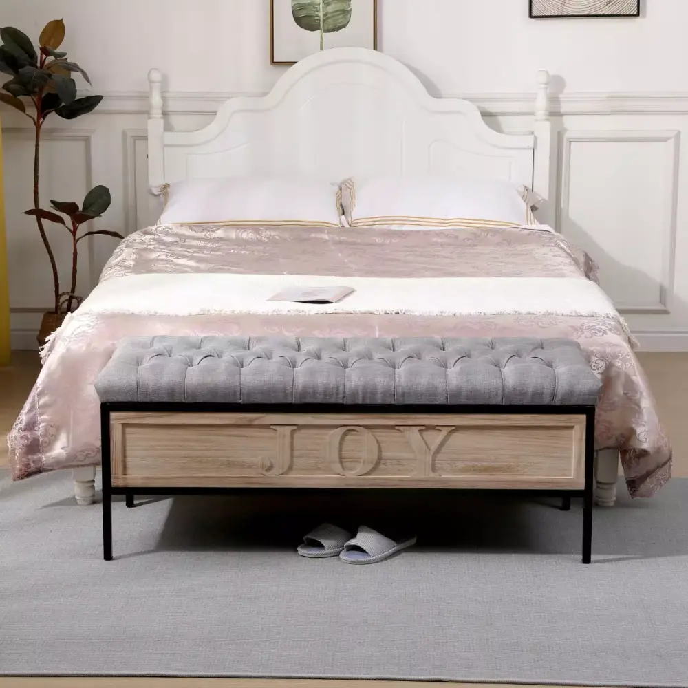 48 Inch Gray Linen Upholstered Button Tufted Storage Bench for Bedroom