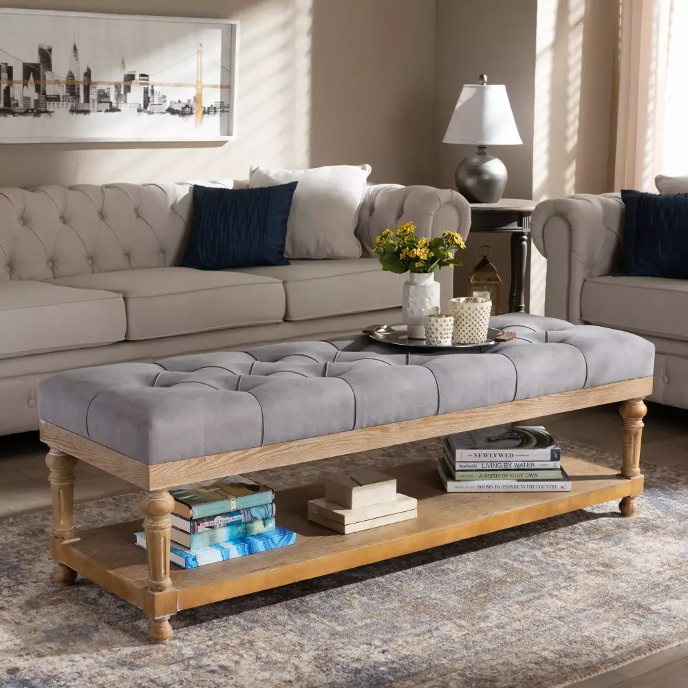 Baxton Studio Linda Gray Upholstered Wood Bench with Shelf